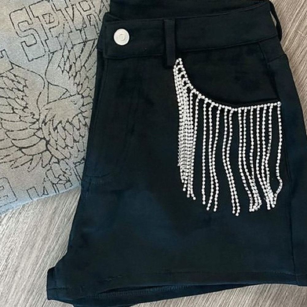 Black faux suede shorts with rhinestone fringe